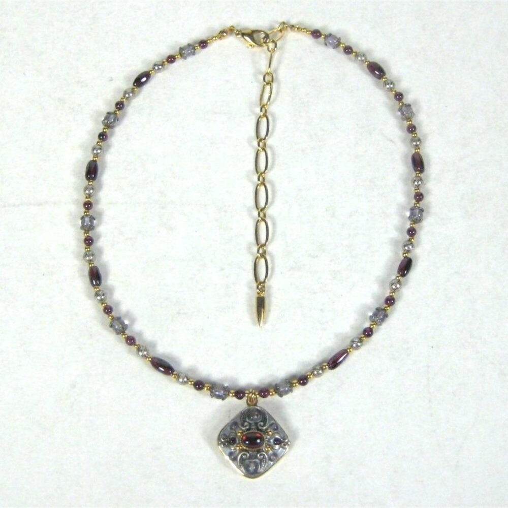Michael Golan Bead Necklace 15 in Amethyst Square Pendant Choker 24K Gold Plated